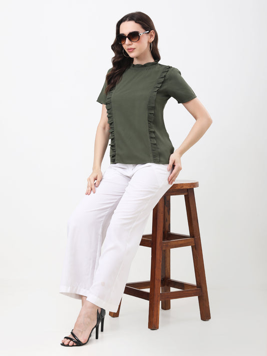 Women's Olive Green Ruffled Short Sleeve Top