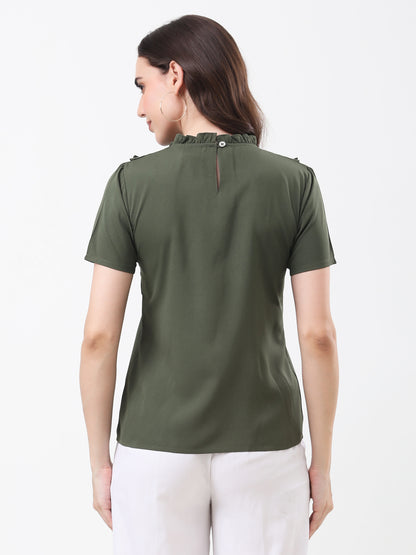 Women's Olive Green Ruffled Short Sleeve Top