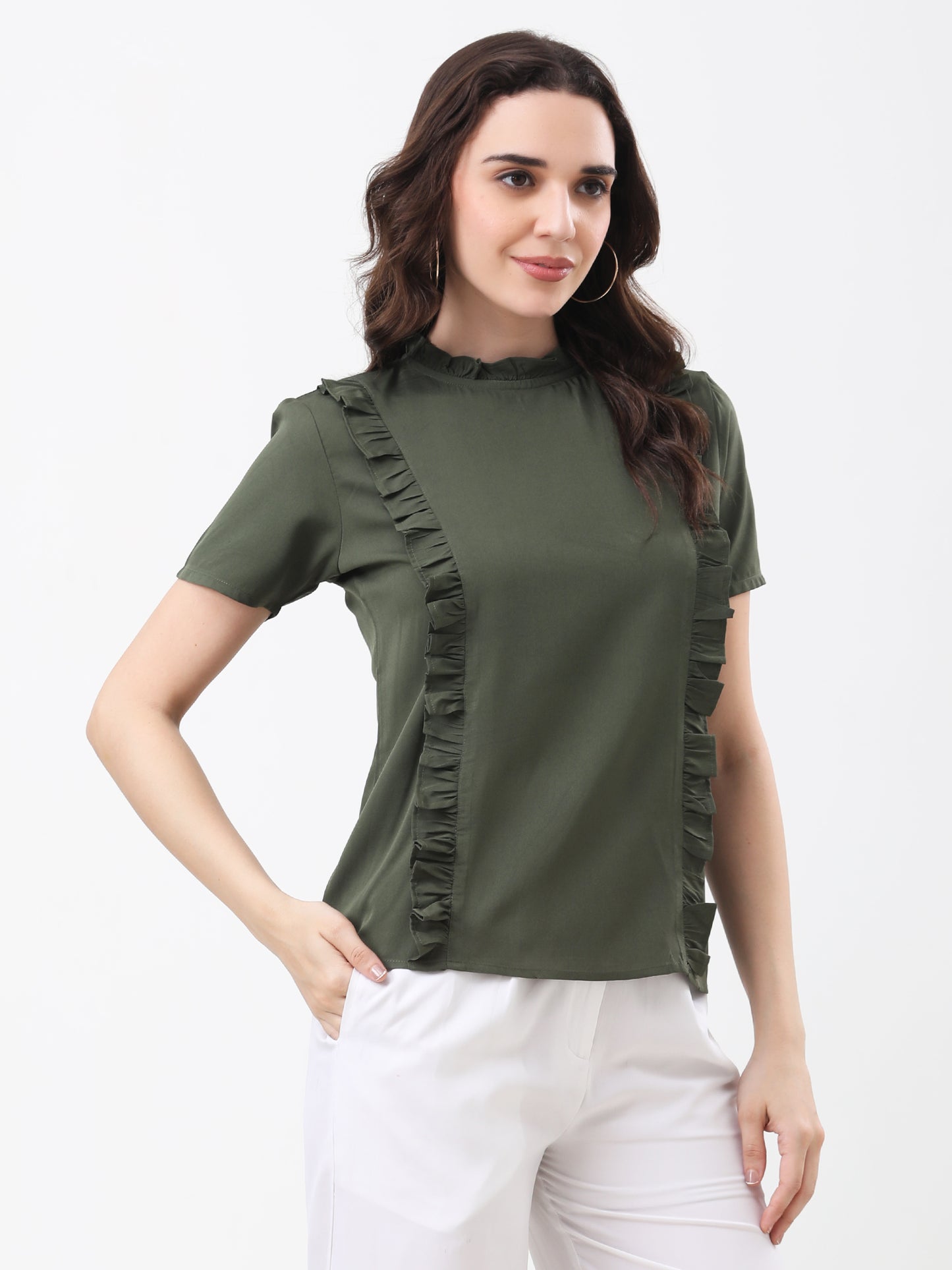 Women's Olive Green Ruffled Short Sleeve Top