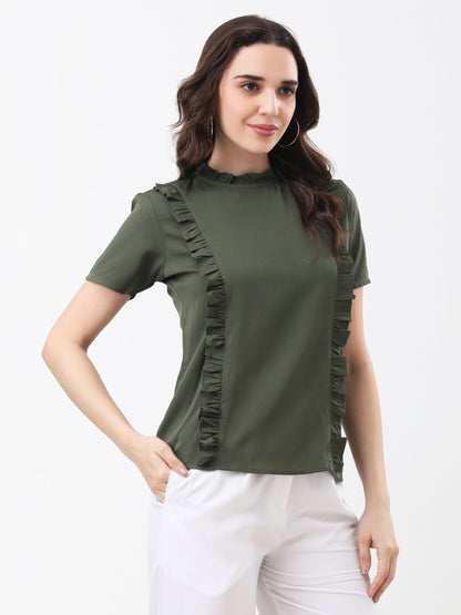 Women's Olive Green Ruffled Short Sleeve Top