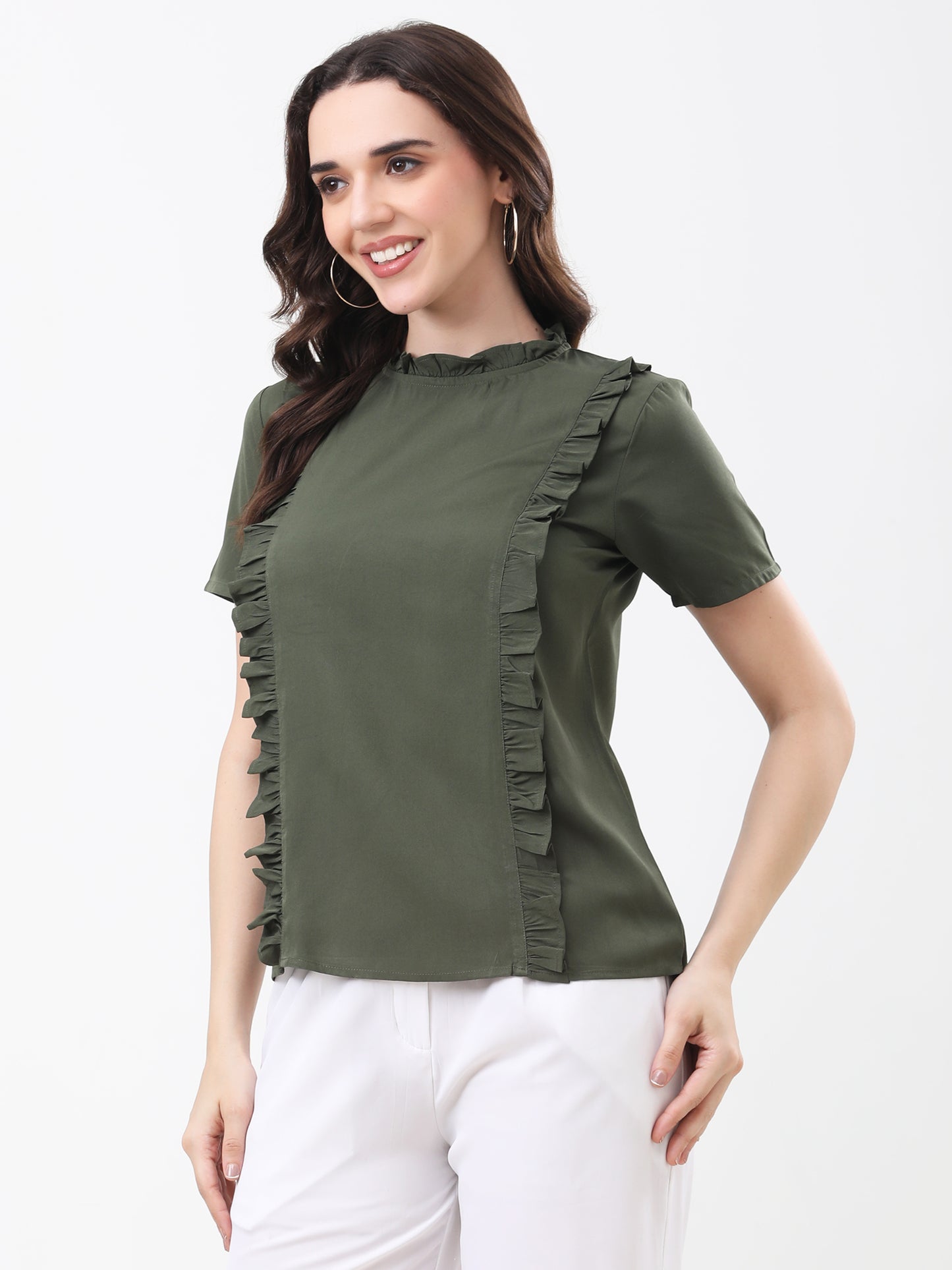 Women's Olive Green Ruffled Short Sleeve Top