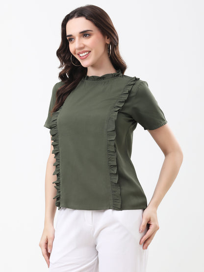 Women's Olive Green Ruffled Short Sleeve Top