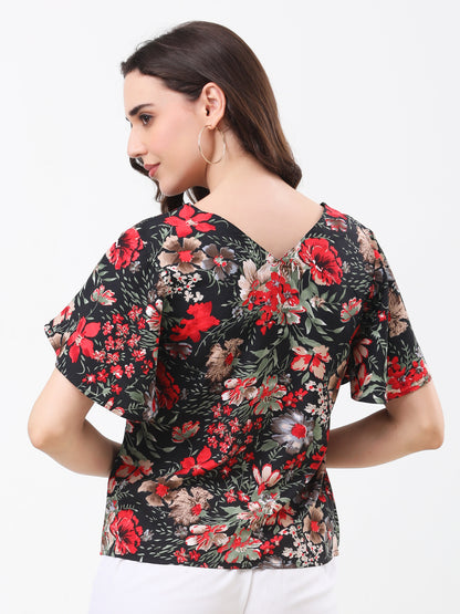 Women's Multicolor Floral Print V-Neck Flared Sleeve Top