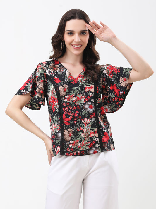 Women's Multicolor Floral Print V-Neck Flared Sleeve Top