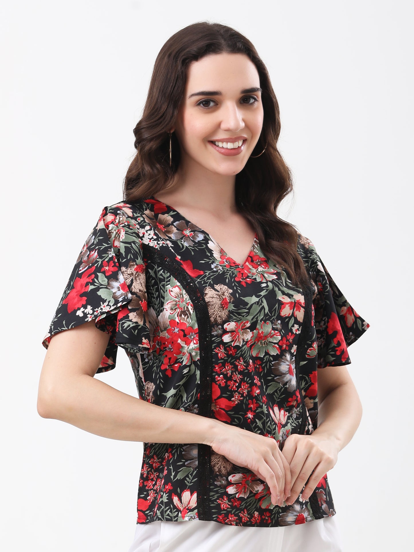 Women's Multicolor Floral Print V-Neck Flared Sleeve Top