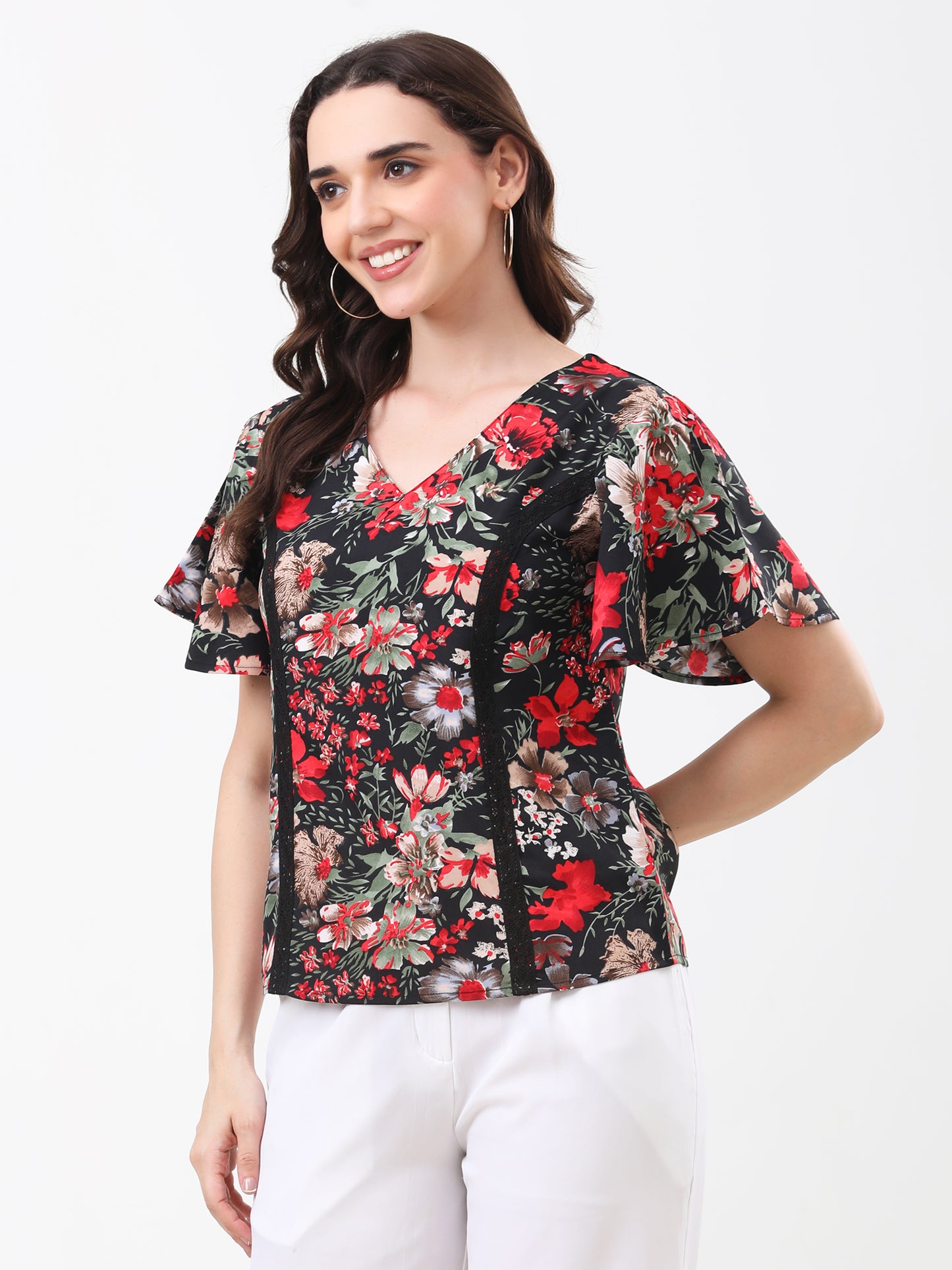 Women's Multicolor Floral Print V-Neck Flared Sleeve Top