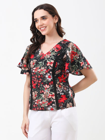 Women's Multicolor Floral Print V-Neck Flared Sleeve Top