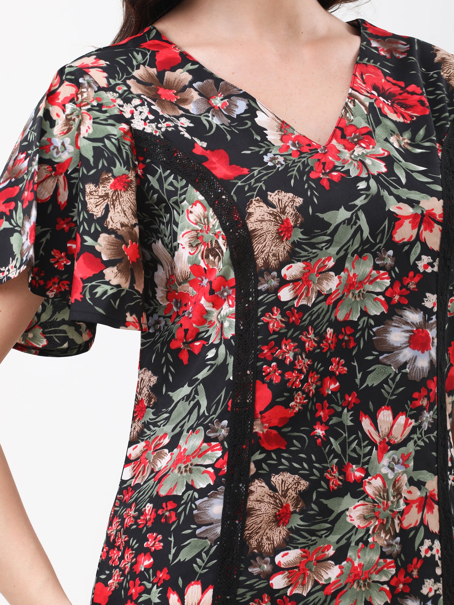 Women's Multicolor Floral Print V-Neck Flared Sleeve Top