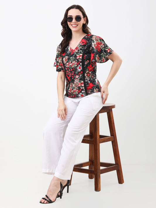 Women's Multicolor Floral Print V-Neck Flared Sleeve Top