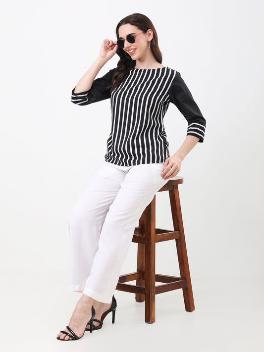 Women's Black and White Vertical Stripe 3/4 Solid Sleeve Top