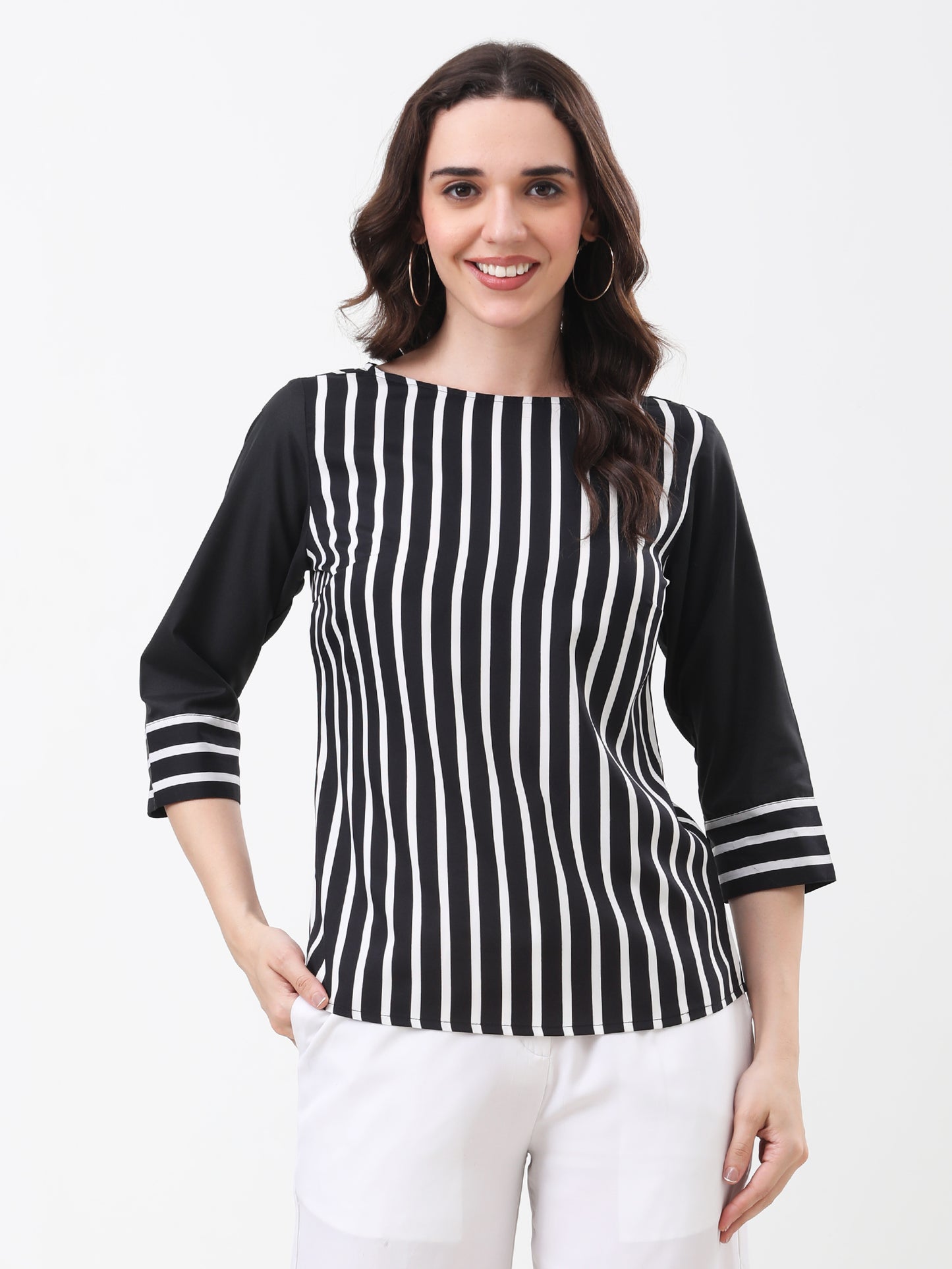 Women's Black and White Vertical Stripe 3/4 Solid Sleeve Top