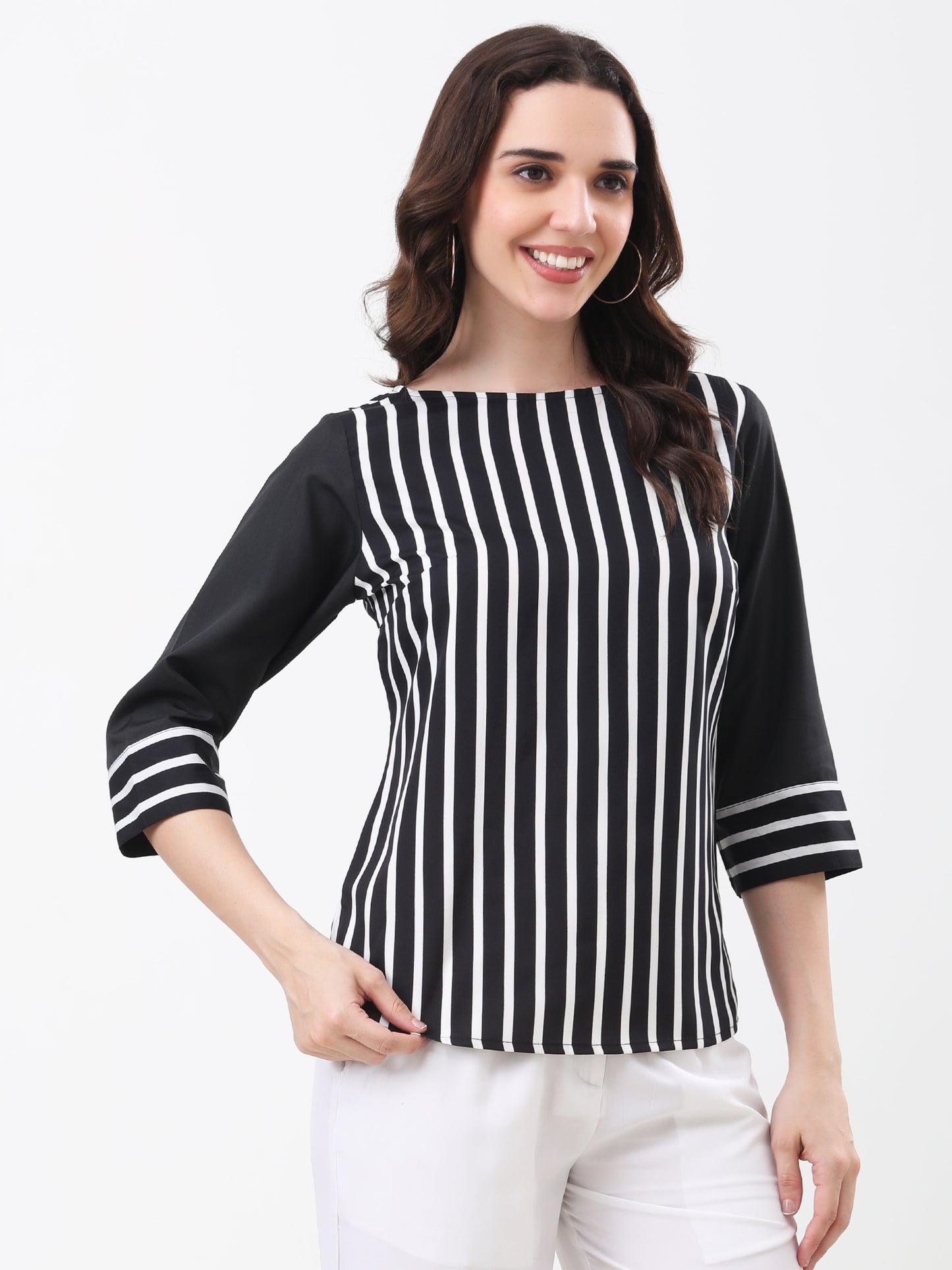 Women's Black and White Vertical Stripe 3/4 Solid Sleeve Top