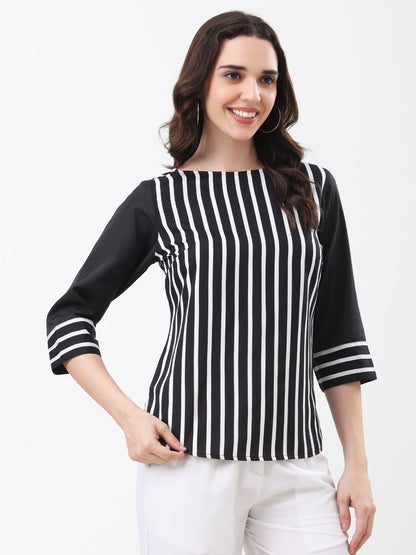 Women's Black and White Vertical Stripe 3/4 Solid Sleeve Top