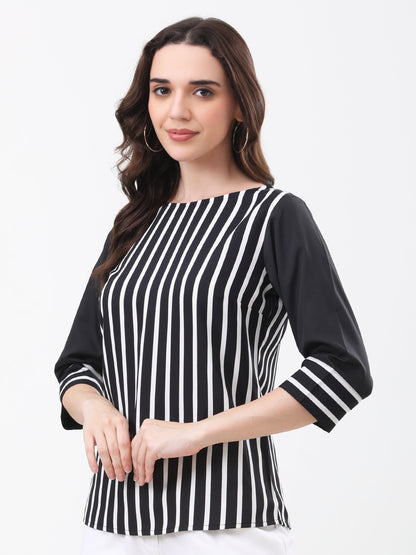 Women's Black and White Vertical Stripe 3/4 Solid Sleeve Top