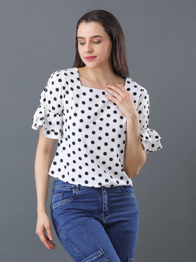 Bright White with Black dotted Ruffle Sleeve Top
