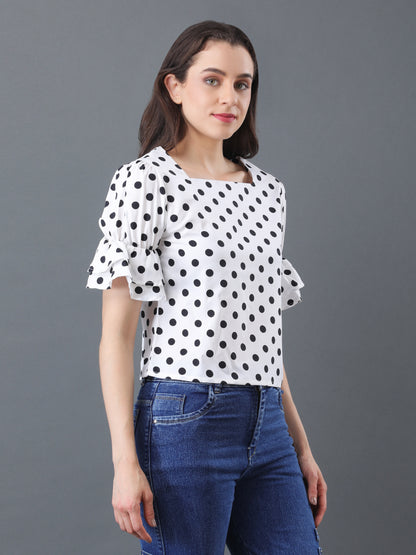 Bright White with Black dotted Ruffle Sleeve Top