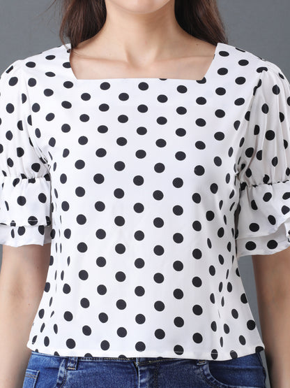 Bright White with Black dotted Ruffle Sleeve Top