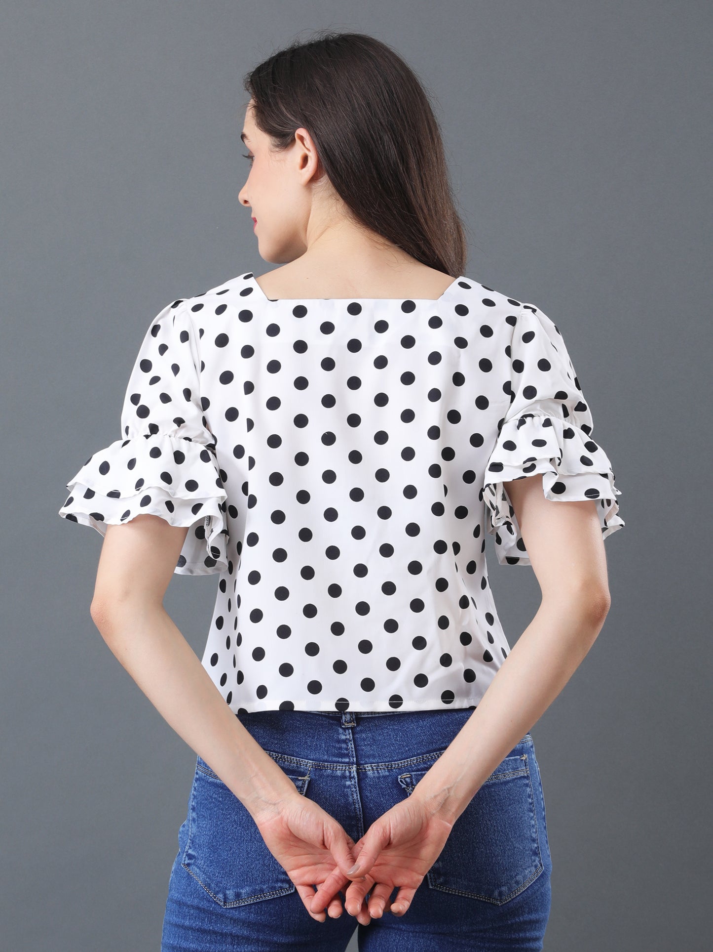 Bright White with Black dotted Ruffle Sleeve Top