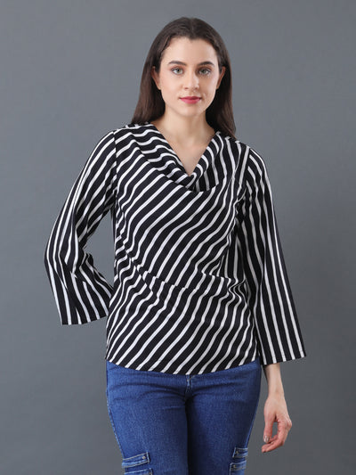 Black & White Striped Cowl neck Top
