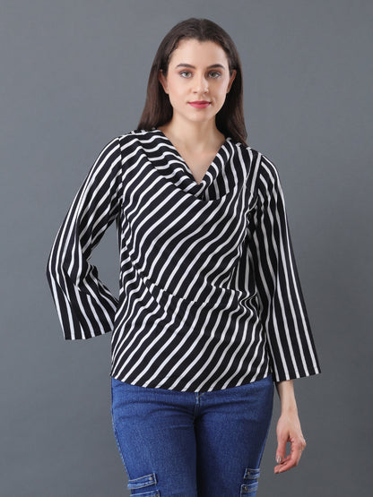 Black & White Striped Cowl neck Top