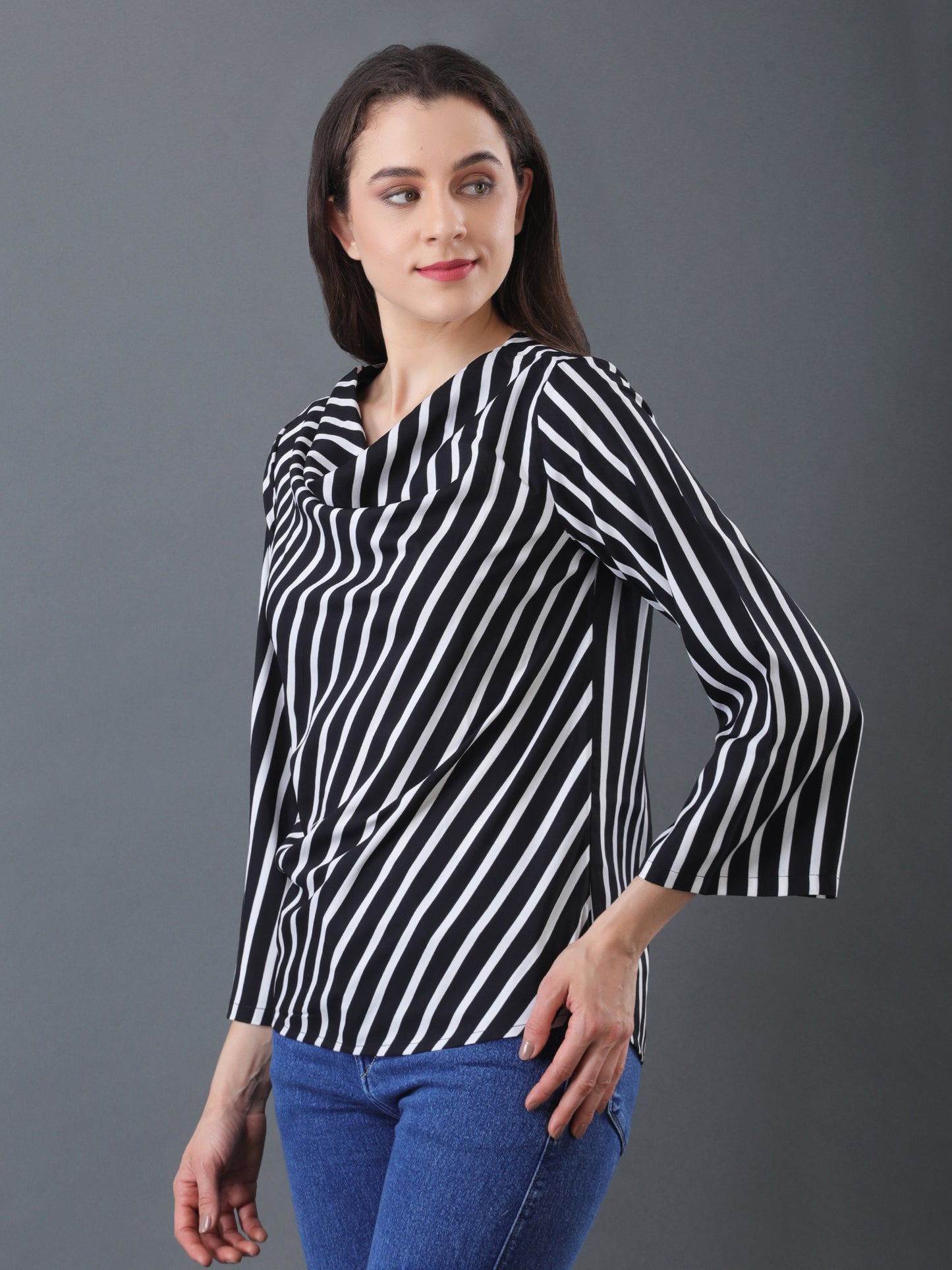 Black & White Striped Cowl neck Top