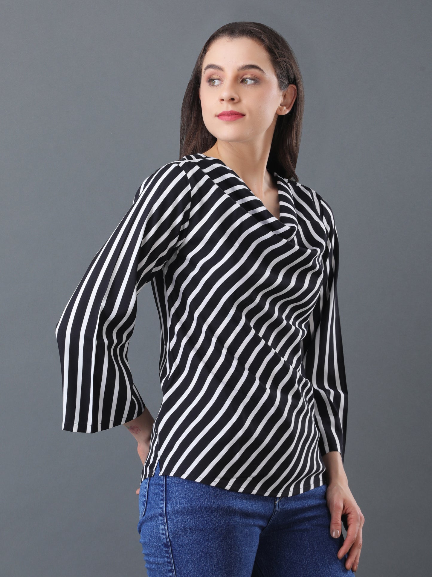 Black & White Striped Cowl neck Top