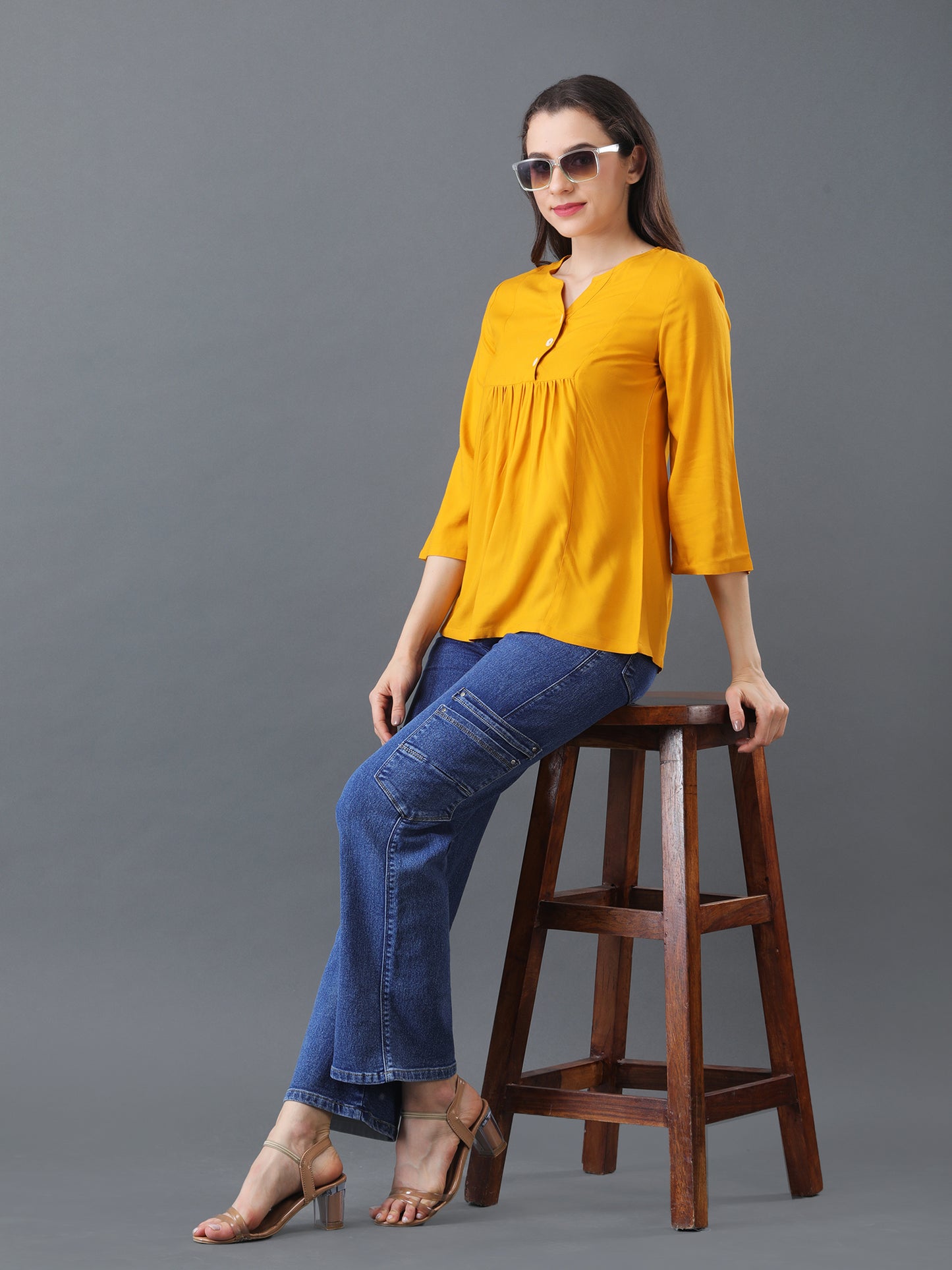 Buttoned Flare Top – Mustard