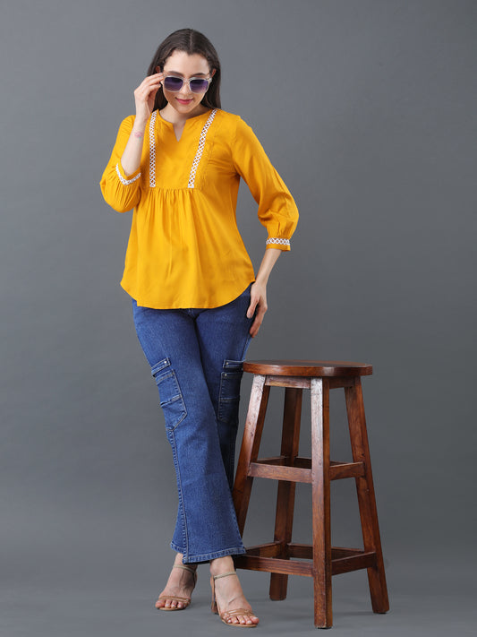 Lace Detail Flare Top – Mustard