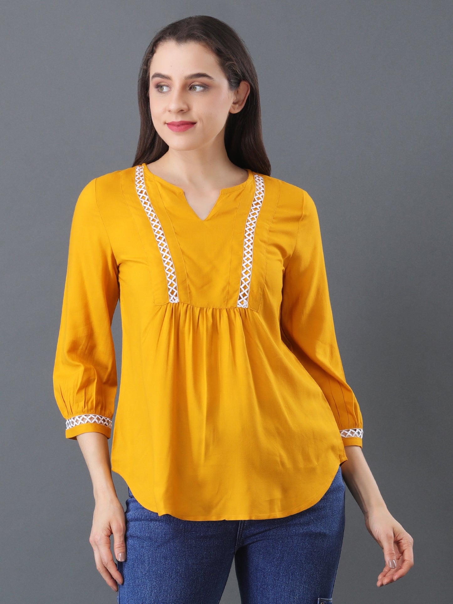 Lace Detail Flare Top – Mustard