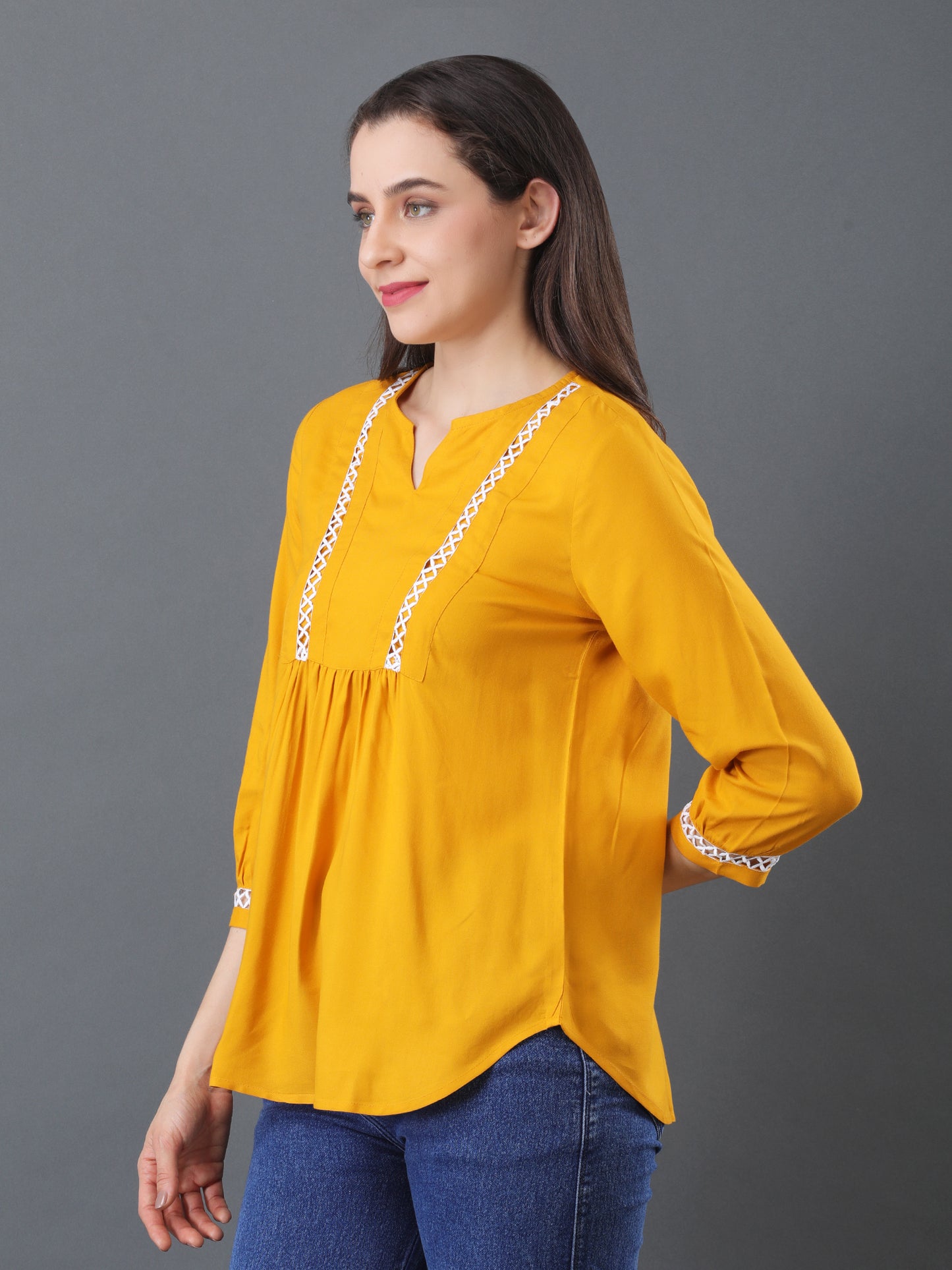 Lace Detail Flare Top – Mustard