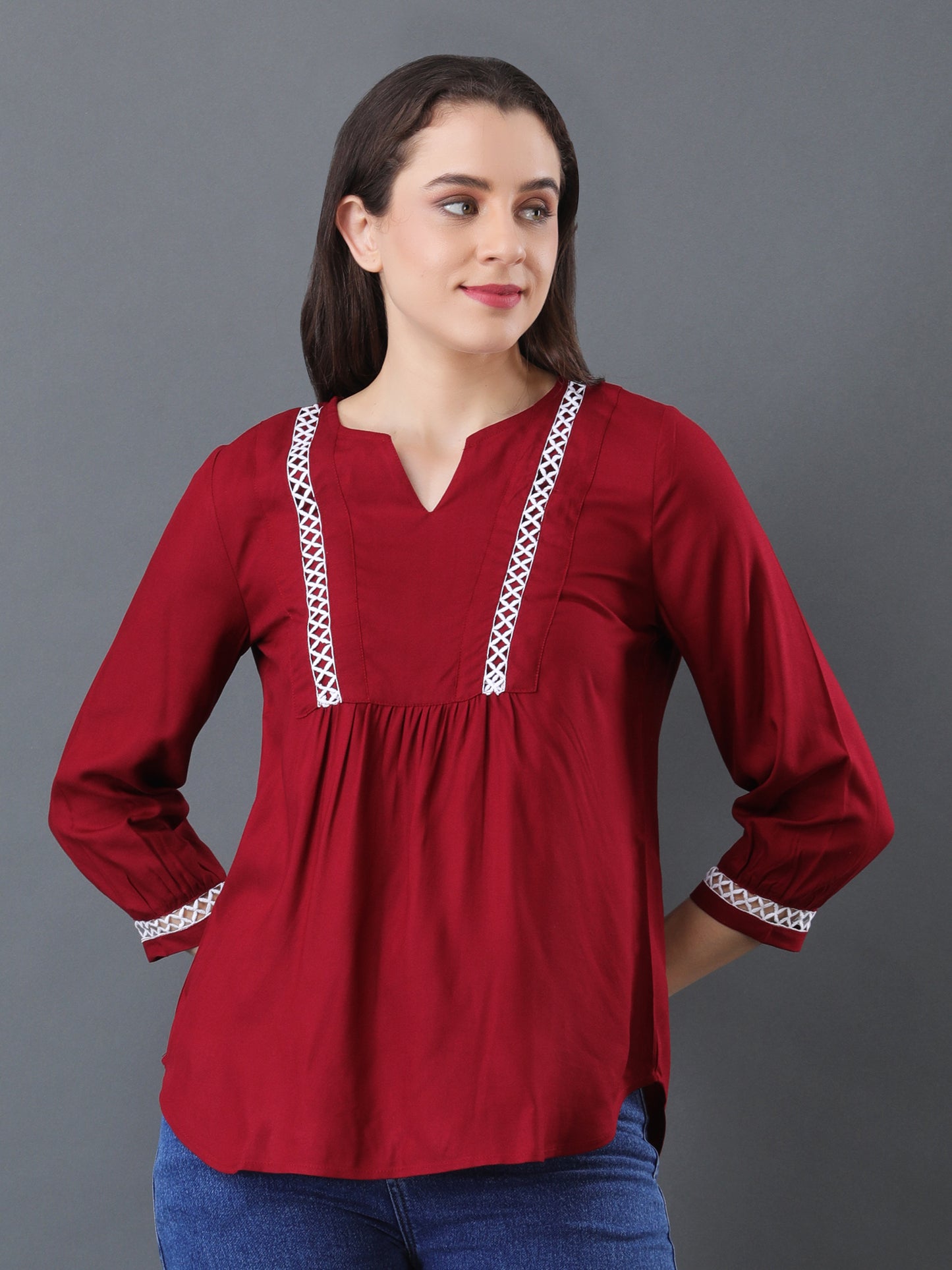 Lace Detail Flare Top – Maroon