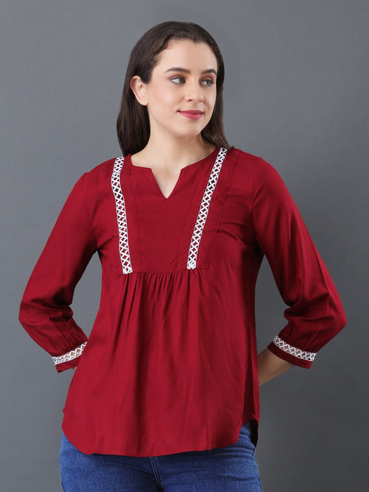 Lace Detail Flare Top – Maroon
