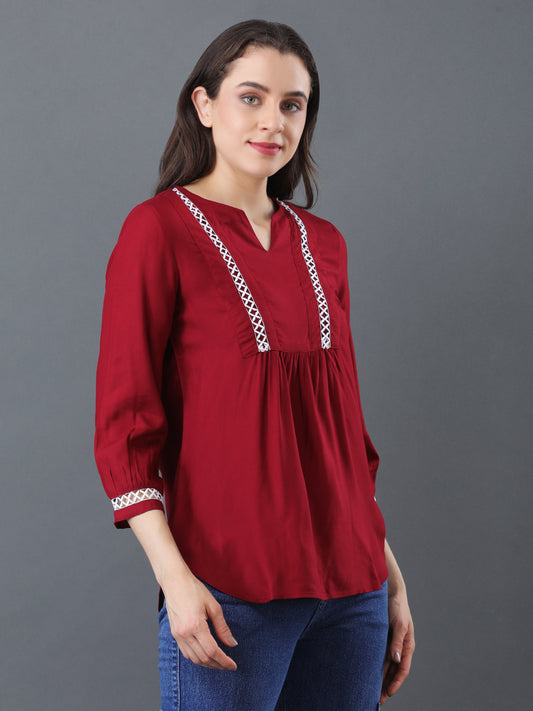Lace Detail Flare Top – Maroon