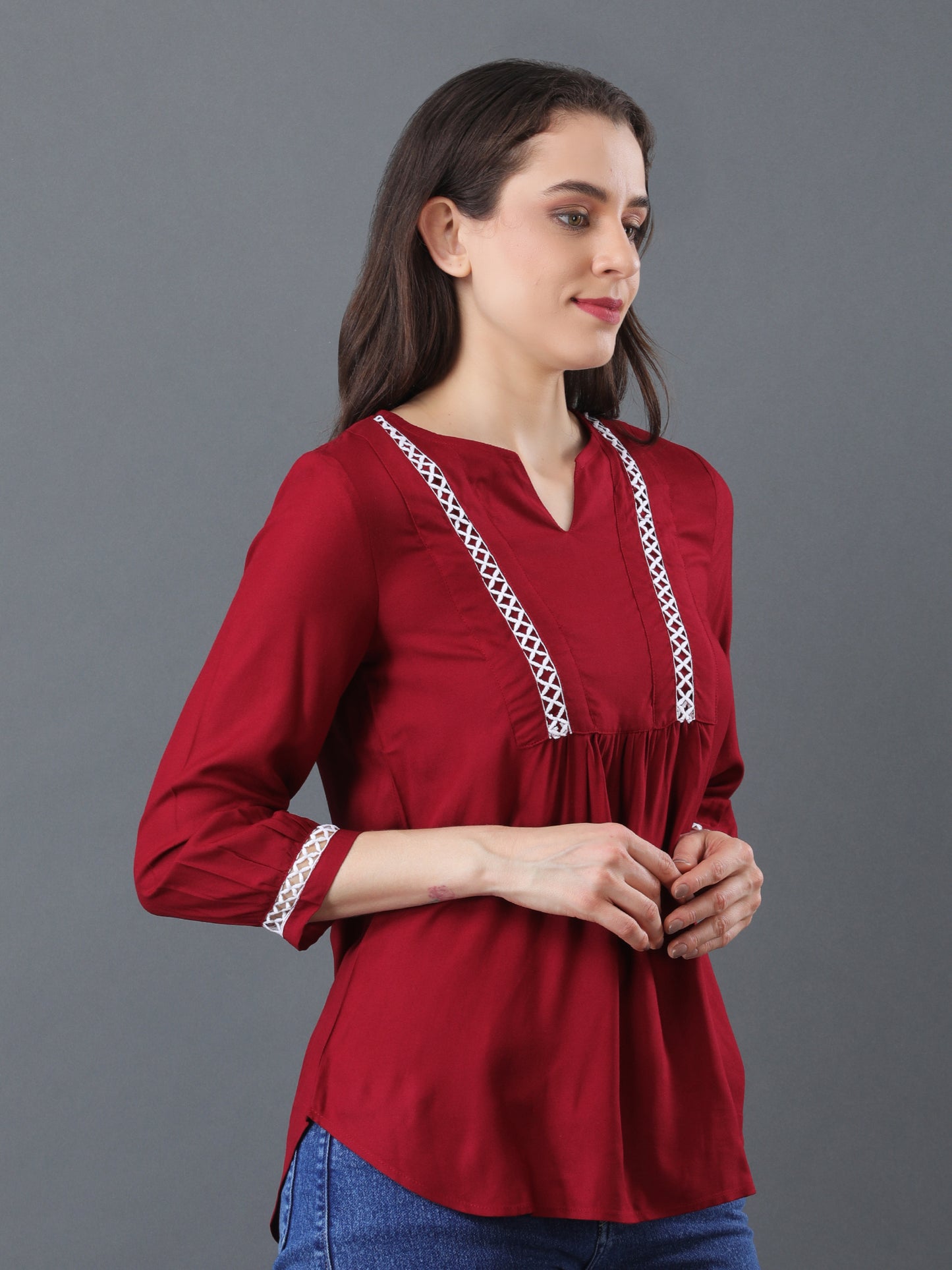 Lace Detail Flare Top – Maroon