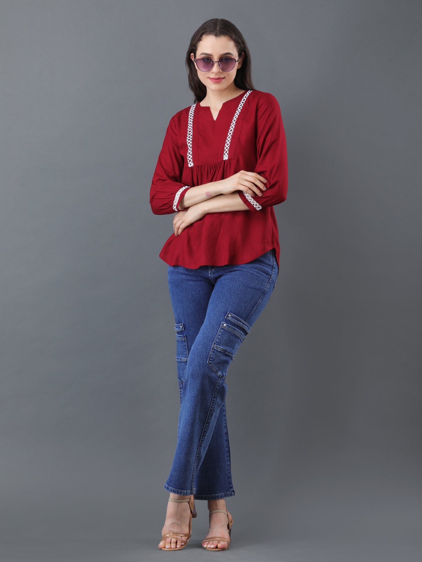Lace Detail Flare Top – Maroon