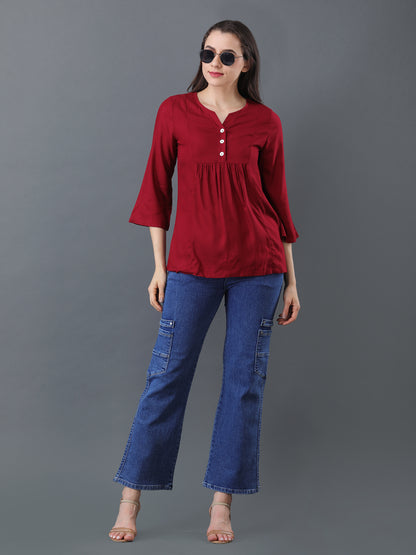Button Detail Flare Top – Maroon