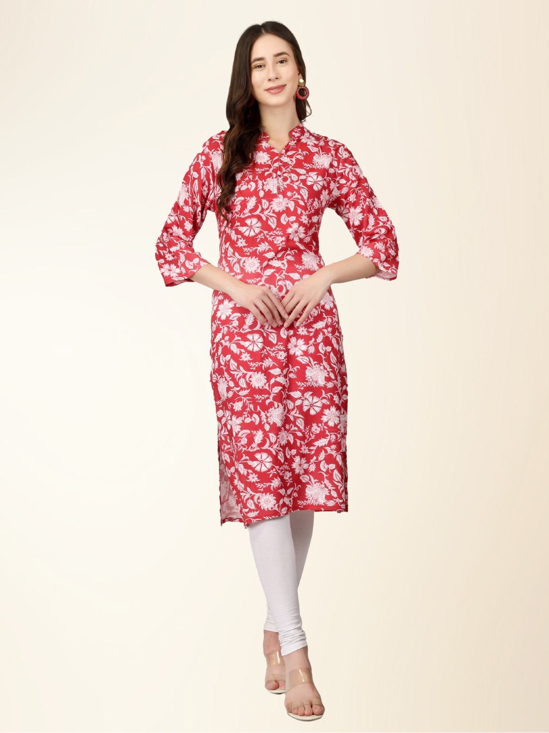 Red Floral Printed Straight Kurti – Elegant Rayon Blend for Everyday & Festive Wear