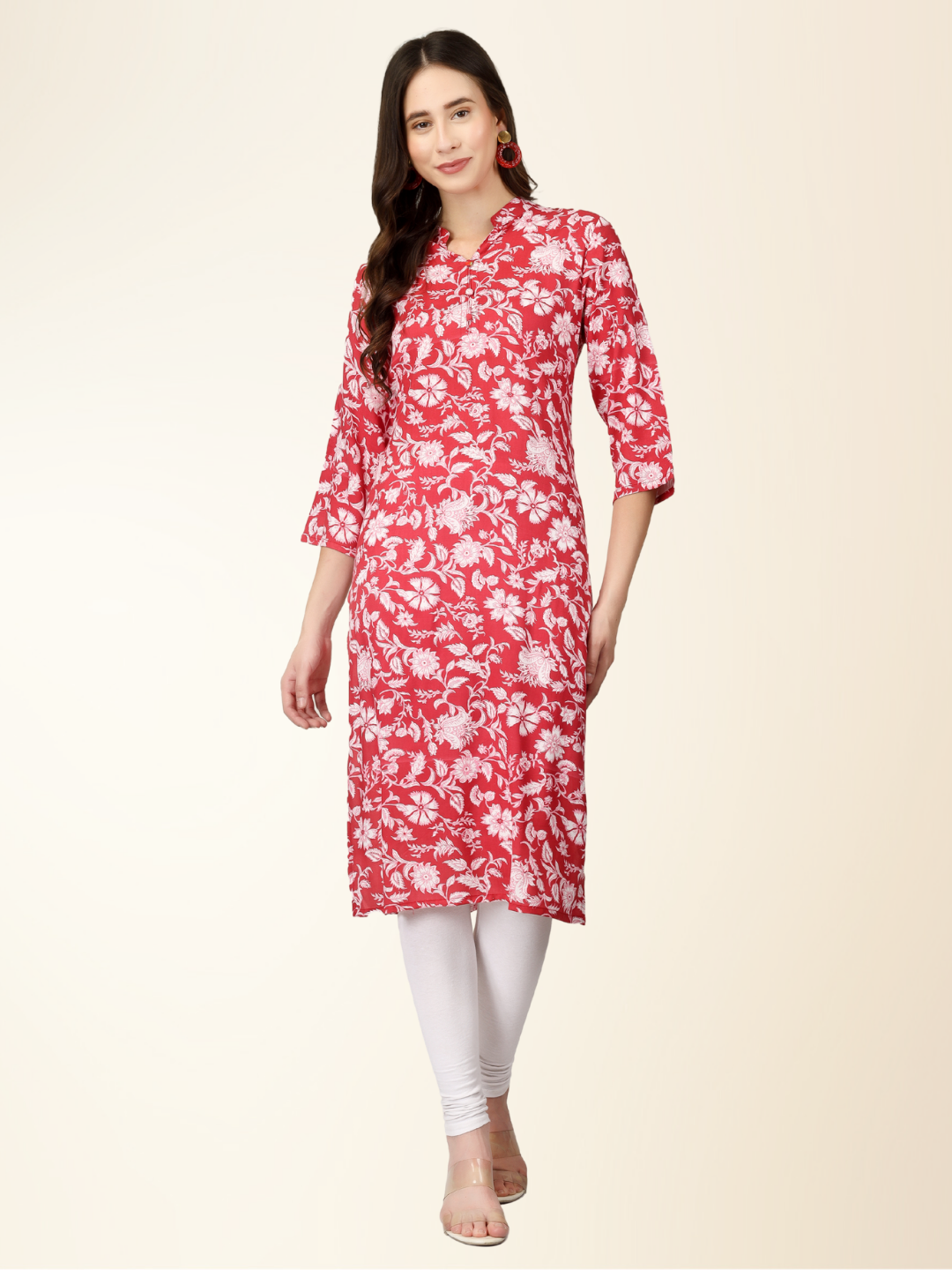 Red Floral Printed Straight Kurti – Elegant Rayon Blend for Everyday & Festive Wear