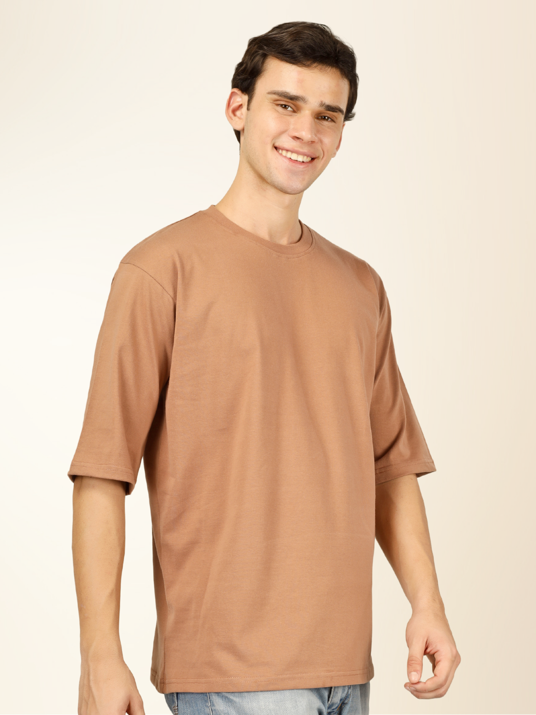 Men’s Oversized Graphic Cotton T-Shirt – Drop Shoulder Street Style Tee - Beige