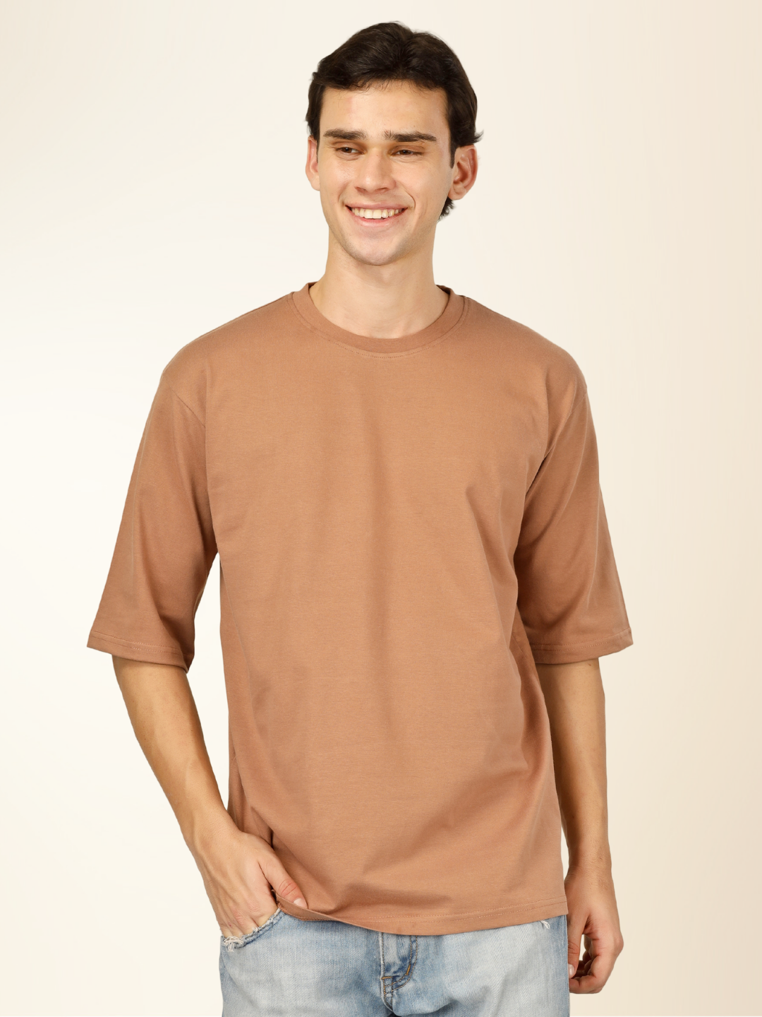 Men’s Oversized Graphic Cotton T-Shirt – Drop Shoulder Street Style Tee - Beige