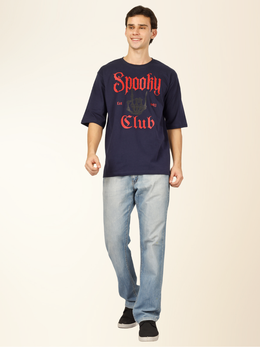 Men’s Oversized Graphic Cotton T-Shirt – Drop Shoulder Street Style Tee - Navy