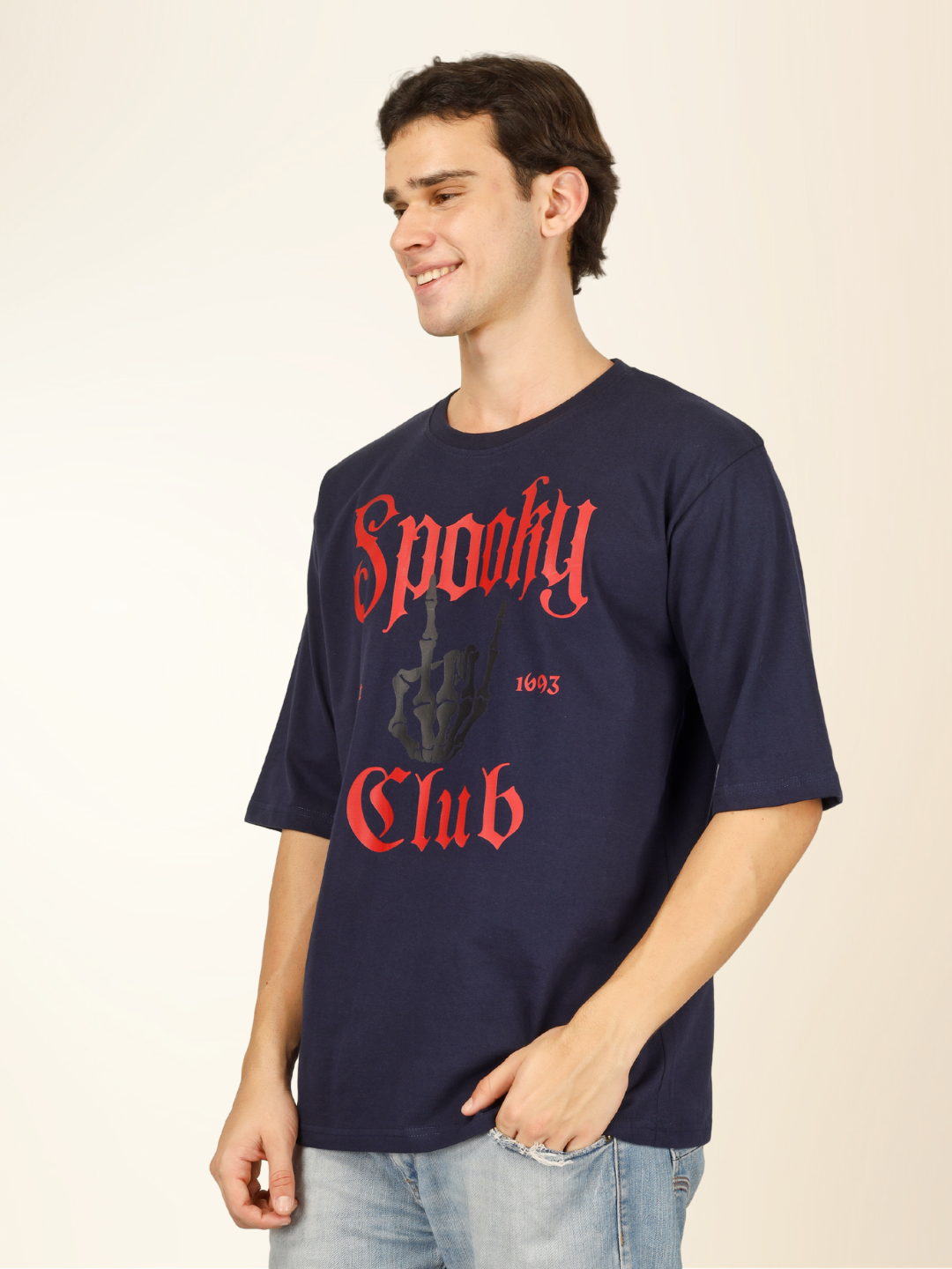 Men’s Oversized Graphic Cotton T-Shirt – Drop Shoulder Street Style Tee - Navy