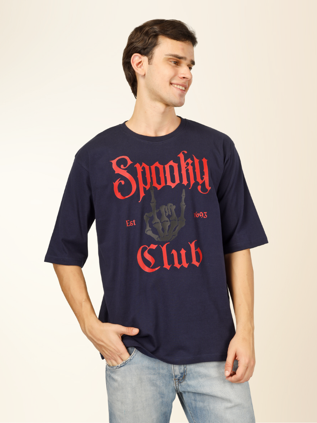 Men’s Oversized Graphic Cotton T-Shirt – Drop Shoulder Street Style Tee - Navy