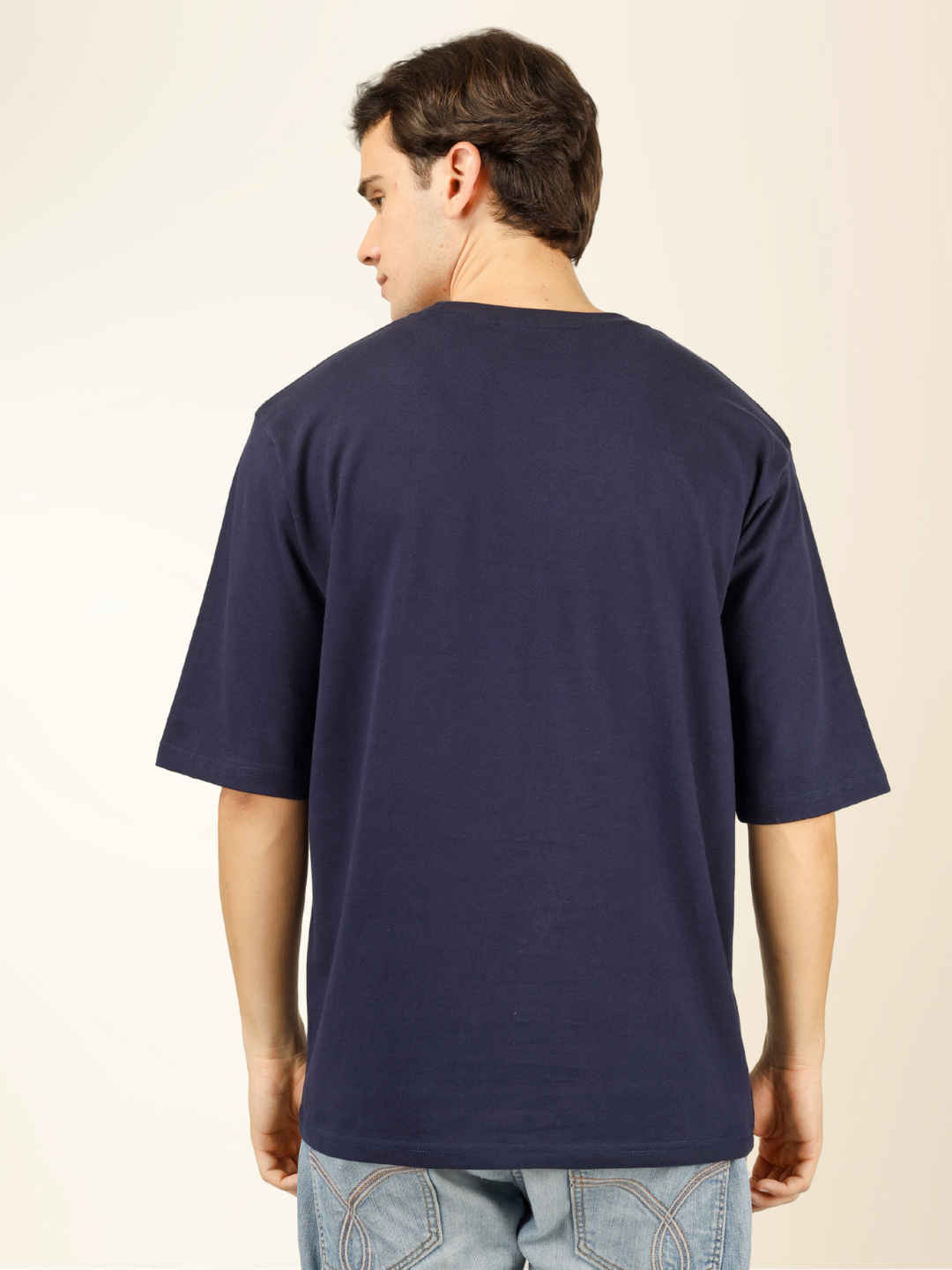 Men’s Oversized Graphic Cotton T-Shirt – Drop Shoulder Street Style Tee - Navy