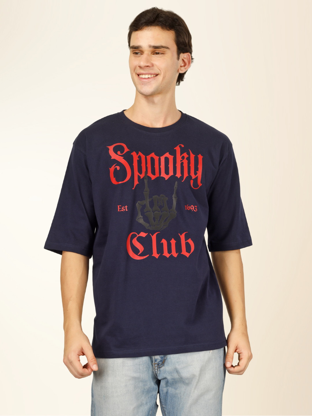 Men’s Oversized Graphic Cotton T-Shirt – Drop Shoulder Street Style Tee - Navy