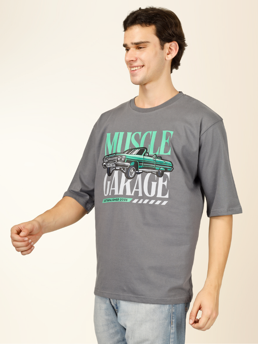 Men’s Oversized Graphic Cotton T-Shirt – Drop Shoulder Street Style Tee - Gray