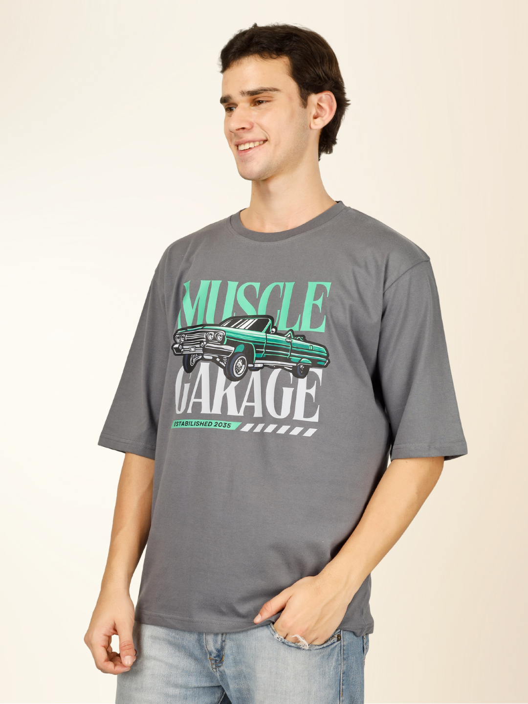 Men’s Oversized Graphic Cotton T-Shirt – Drop Shoulder Street Style Tee - Gray