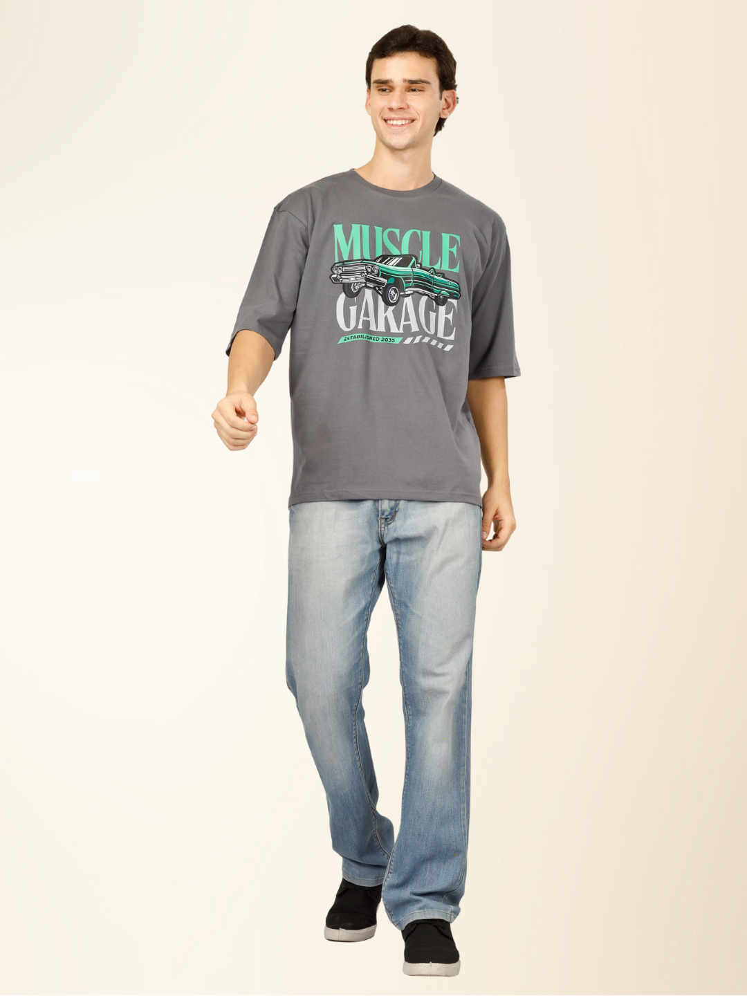 Men’s Oversized Graphic Cotton T-Shirt – Drop Shoulder Street Style Tee - Gray
