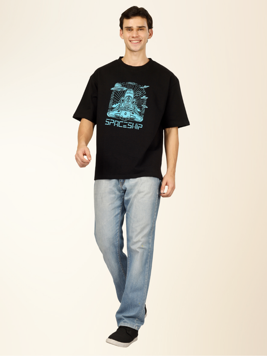 Men’s Oversized Graphic Cotton T-Shirt – Drop Shoulder Street Style Tee - Black