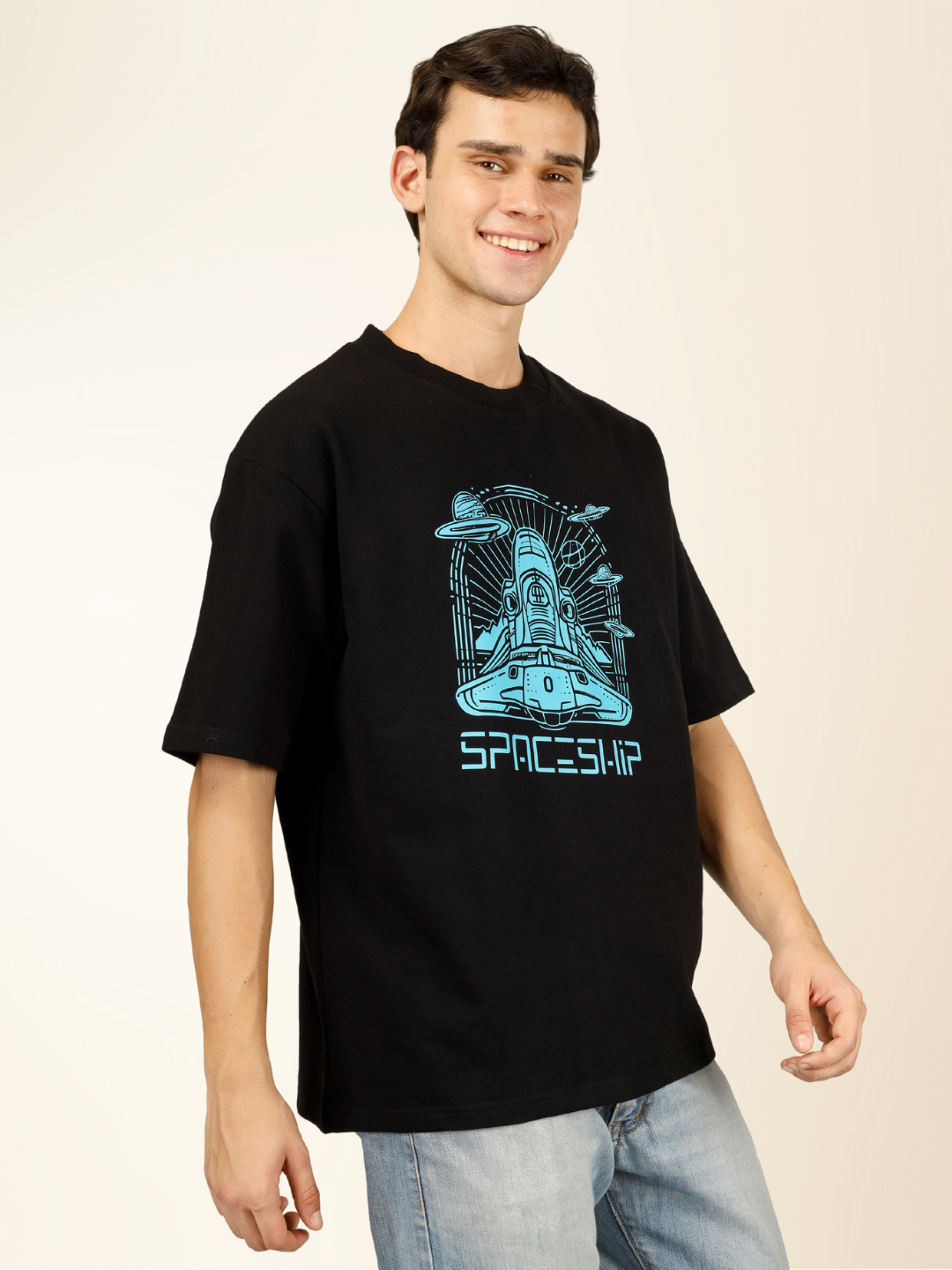 Men’s Oversized Graphic Cotton T-Shirt – Drop Shoulder Street Style Tee - Black